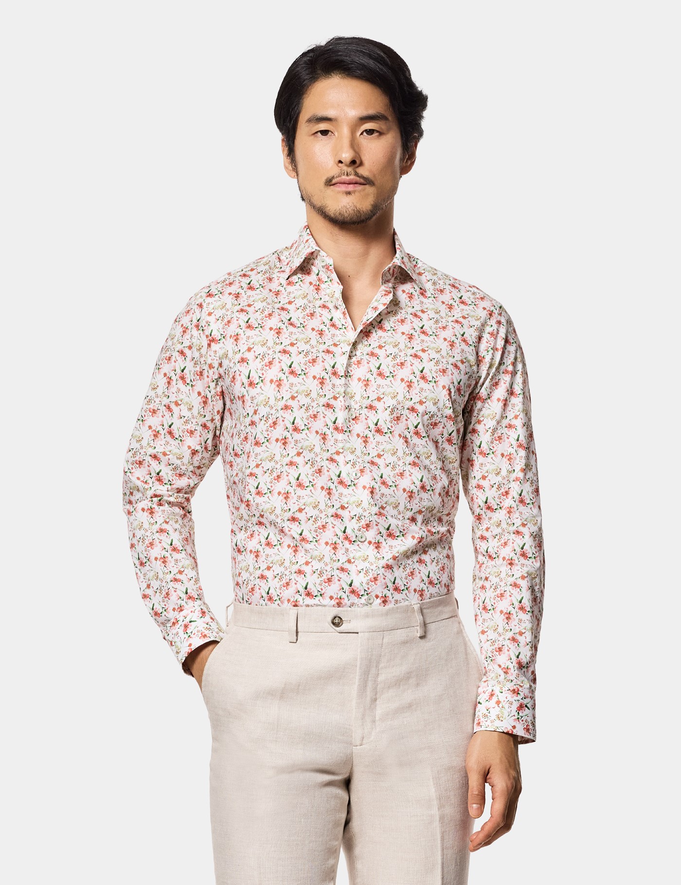Hawes & Curtis Slim Fit White & Pink Floral Curtis Shirt Size: XXXL