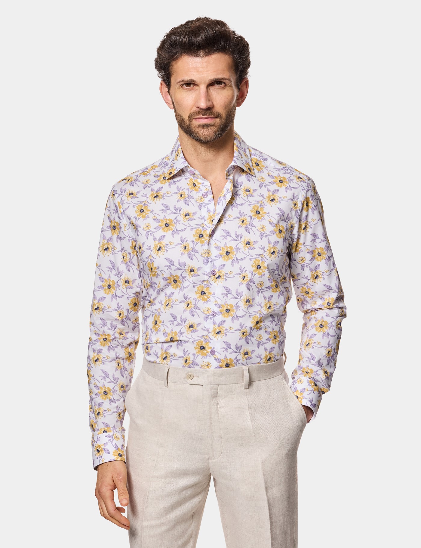 Hawes & Curtis Slim Fit Lilac & Yellow Floral Curtis Shirt Size: Small