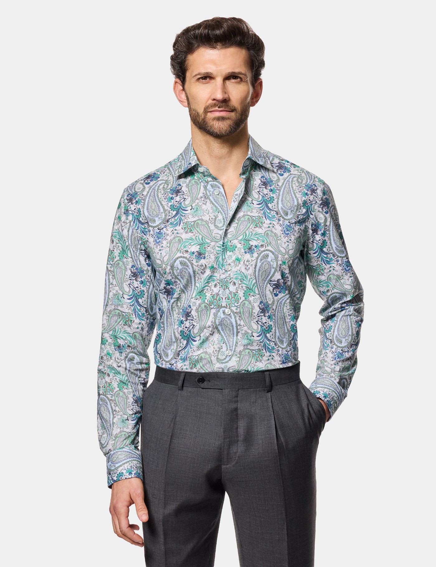 Hawes & Curtis Slim Fit White & Green Paisley Curtis Shirt Size: XXL