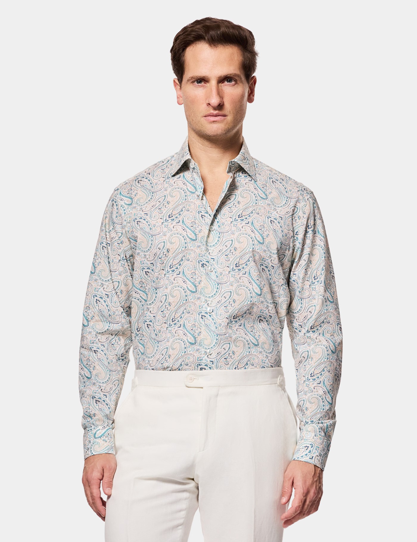 Hawes & Curtis Slim Fit White & Blue Paisley Curtis Shirt Size: Small
