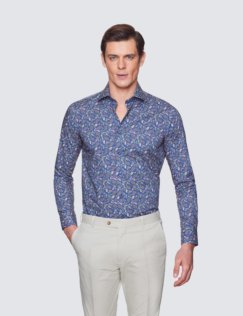 Curtis Blue & Green Paisley Relaxed Slim Fit Shirt - Low Collar