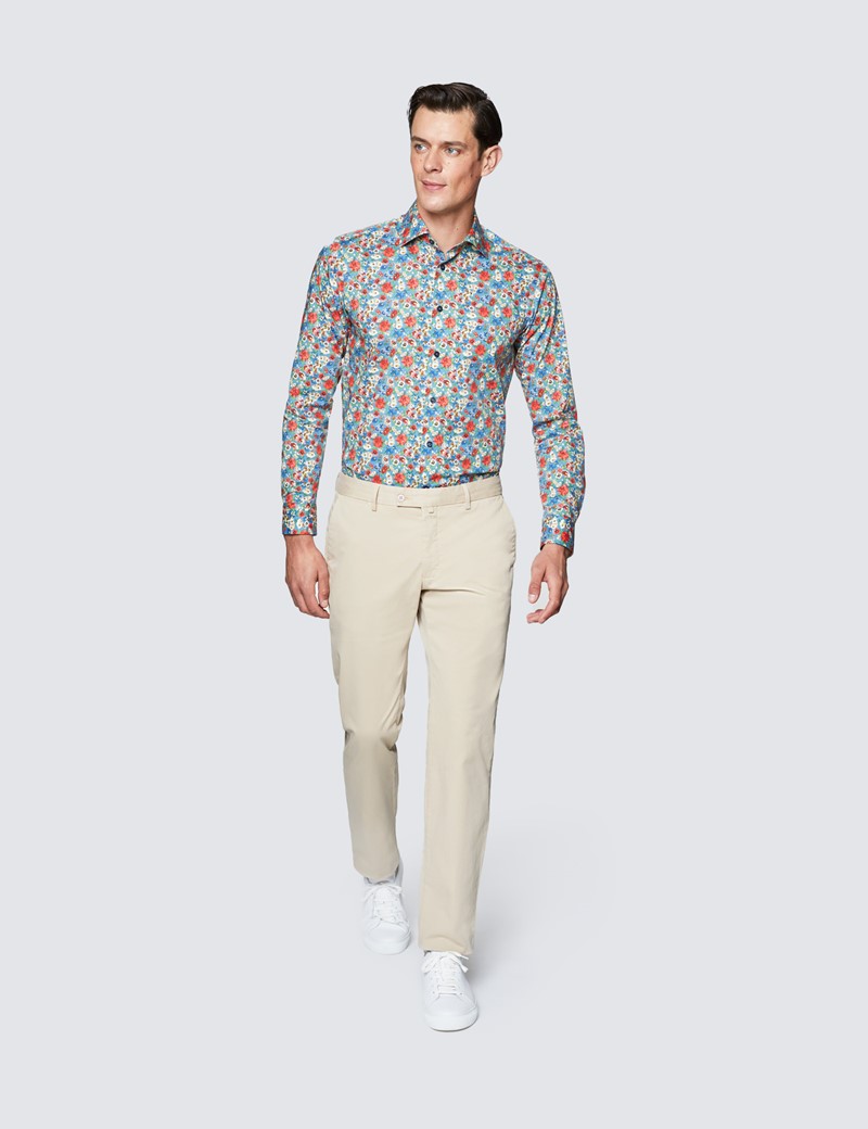 Men's Curtis Blue and Cream Cotton Stretch Shirt - Low Collar