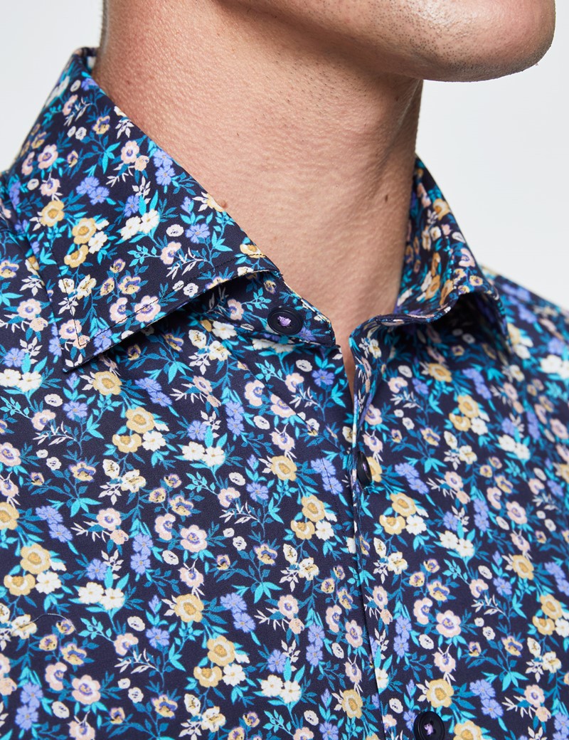 Men's Curtis Navy and Blue Cotton Stretch Shirt - Low Collar