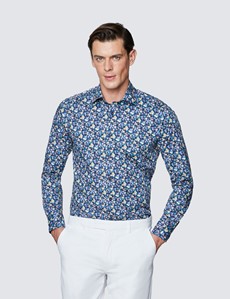 Men's Curtis Navy and Blue Cotton Stretch Shirt - Low Collar