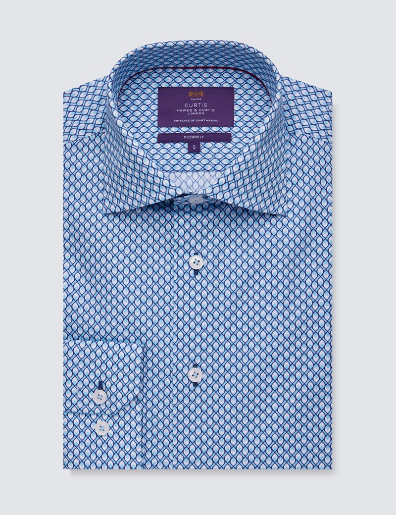 Men’s Curtis Blue & White Geometric Print Piccadilly Stretch Slim Fit Shirt - Low Collar