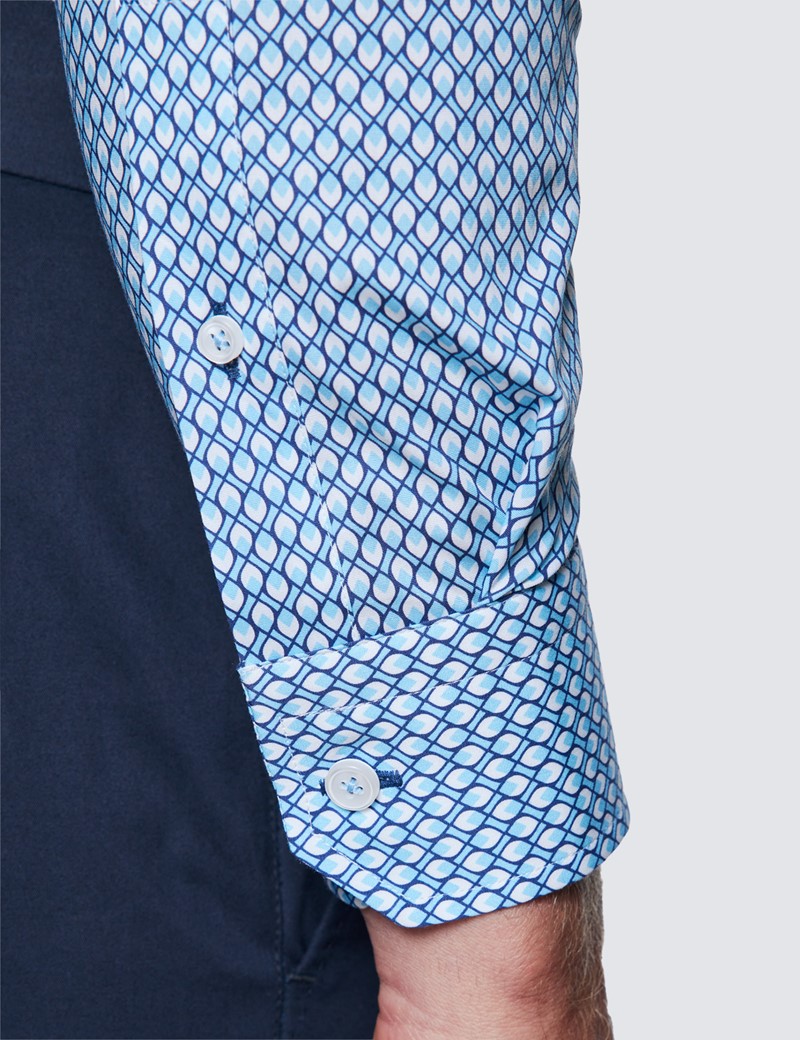 Men’s Curtis Blue & White Geometric Print Piccadilly Stretch Slim Fit Shirt - Low Collar