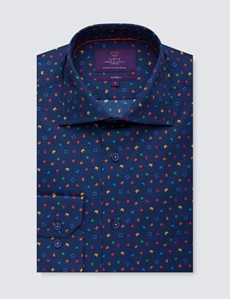 Men’s Curtis Navy & Orange Geometric Print Piccadilly Stretch Slim Fit Shirt - Low Collar