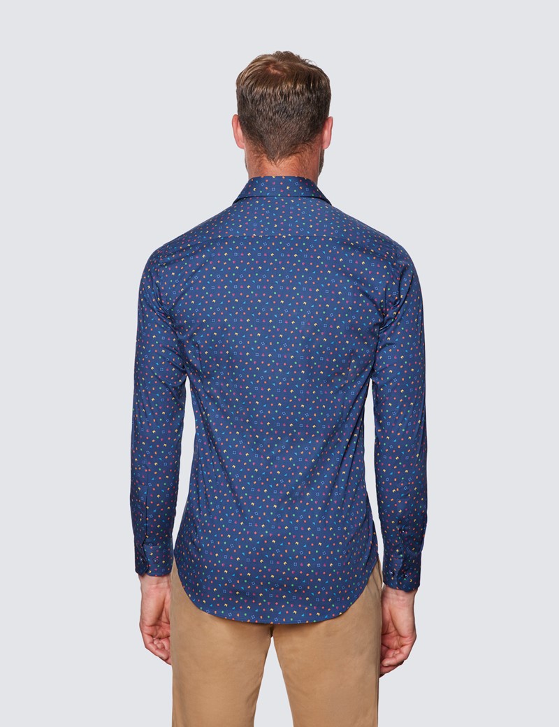 Men’s Curtis Navy & Orange Geometric Print Piccadilly Stretch Slim Fit Shirt - Low Collar