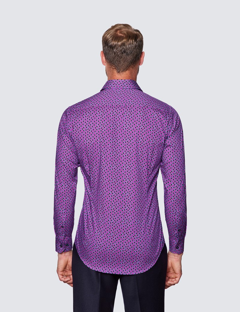 Men’s Curtis Black & Purple Geometric Print Piccadilly Stretch Slim Fit Shirt - Low Collar