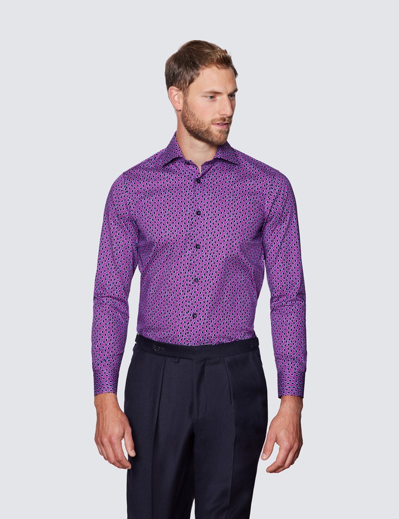 Men’s Curtis Black & Purple Geometric Print Piccadilly Stretch Slim Fit Shirt - Low Collar