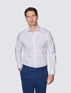Men’s Curtis White & Orange Geometric Print Piccadilly Stretch Slim Fit Shirt - Low Collar