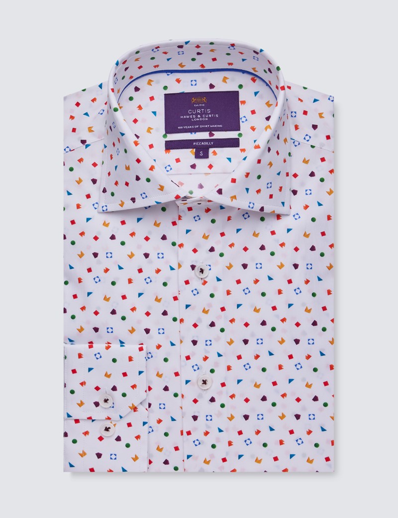 Men’s Curtis White & Orange Geometric Print Piccadilly Stretch Slim Fit Shirt - Low Collar