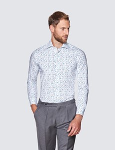 Men’s Curtis White & Blue Geometric Print Piccadilly Stretch Slim Fit Shirt - Low Collar