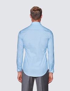 Men’s Curtis Blue & White Geometric Print Cotton Stretch Relaxed Slim Fit Shirt - Low Collar
