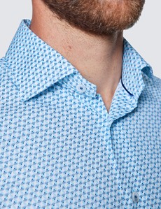Men’s Curtis Blue & White Geometric Print Cotton Stretch Relaxed Slim Fit Shirt - Low Collar