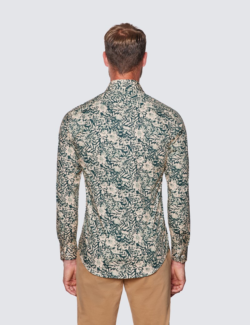 Men’s Curtis Green & Cream Forest Vines Print Piccadilly Stretch Slim Fit Shirt - Low Collar