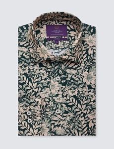 Men’s Curtis Green & Cream Forest Vines Print Piccadilly Stretch Slim Fit Shirt - Low Collar