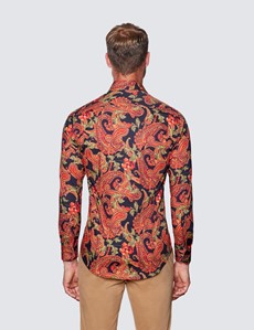 Men’s Curtis Black & Orange Paisley Print Piccadilly Stretch Slim Fit Shirt - Low Collar