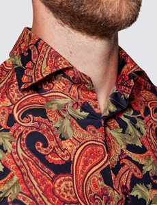 Men’s Curtis Black & Orange Paisley Print Piccadilly Stretch Slim Fit Shirt - Low Collar