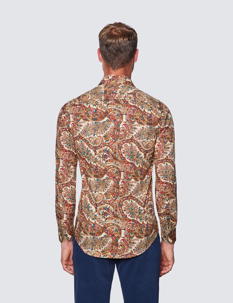 Men’s Curtis Cream & Red Paisley Print Piccadilly Stretch Slim Fit Shirt - Low Collar
