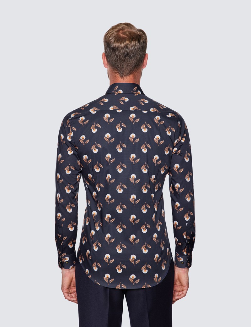 Men’s Curtis Navy & Orange Floral Print Piccadilly Stretch Slim Fit Shirt - Low Collar