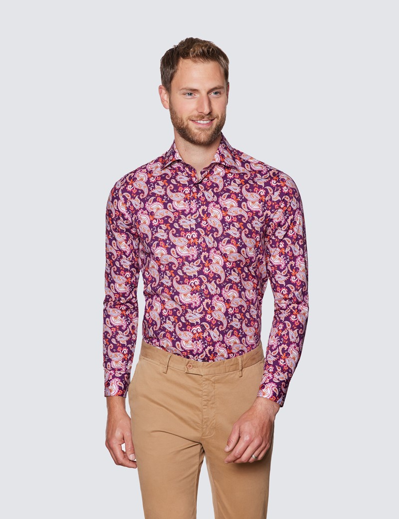 Men’s Curtis Purple & Blue Paisley Print Piccadilly Stretch Slim Fit Shirt - Low Collar