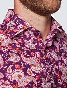 Men’s Curtis Purple & Blue Paisley Print Piccadilly Stretch Slim Fit Shirt - Low Collar