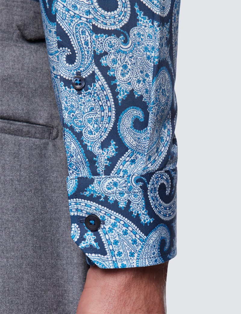 Men’s Curtis Navy & Light Blue Paisley Print Cotton Stretch Relaxed Slim Fit Shirt - Low Collar