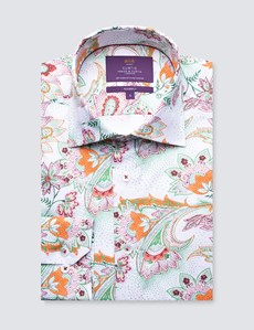 Men’s Curtis White & Green Paisley Leaf Print Cotton Stretch Relaxed Slim Fit Shirt - Low Collar