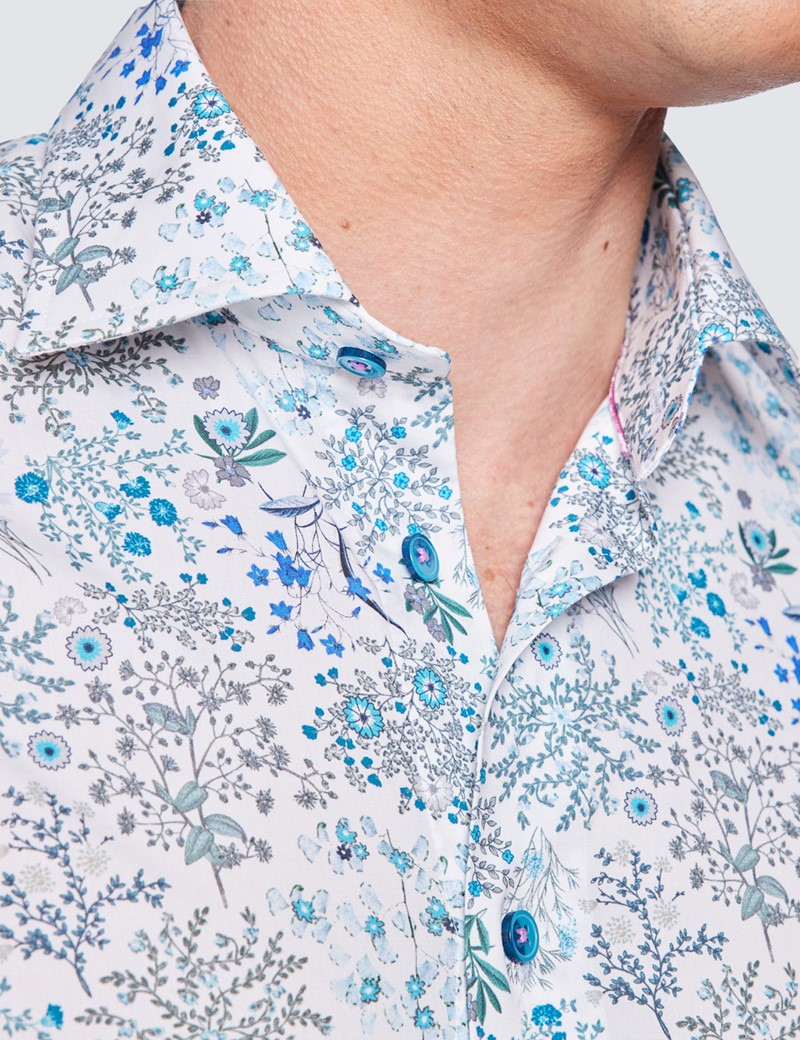 Men’s Curtis White & Blue Botanical Floral Print Cotton Stretch Relaxed Slim Fit Shirt - Low Collar