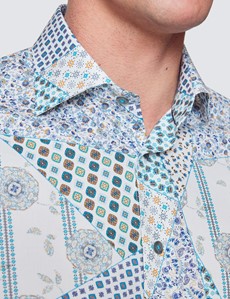 Curtis Cream & Light Blue Paisley Cotton Stretch Relaxed Slim Fit Shirt - Low Collar