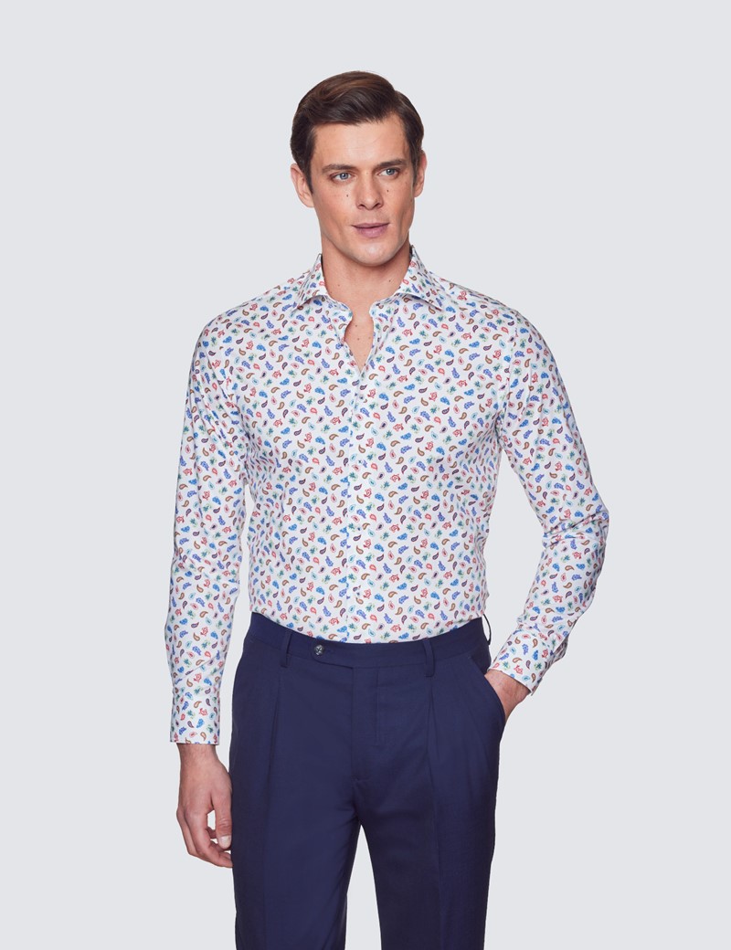 Curtis White & Red Paisley Print Cotton Stretch Relaxed Slim Fit Shirt - Low Collar