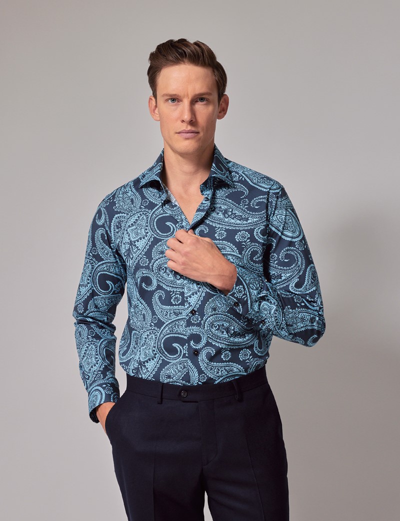 Men's Navy & Blue Paisley Cotton Stretch Slim Shirt