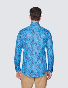 Men’s Curtis Blue and Orange Paisley Print Cotton Shirt - Low Collar
