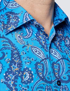 Men’s Curtis Blue and Orange Paisley Print Cotton Shirt - Low Collar
