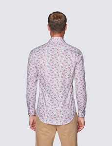 Men's Curtis White and Pink Micro Paisley Print Cotton Shirt - Low Collar