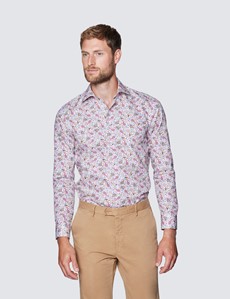 Men's Curtis White and Pink Micro Paisley Print Cotton Shirt - Low Collar