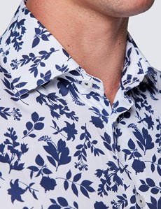 Men’s Curtis White & Navy Diamond Weave Cotton Shirt - Low Collar