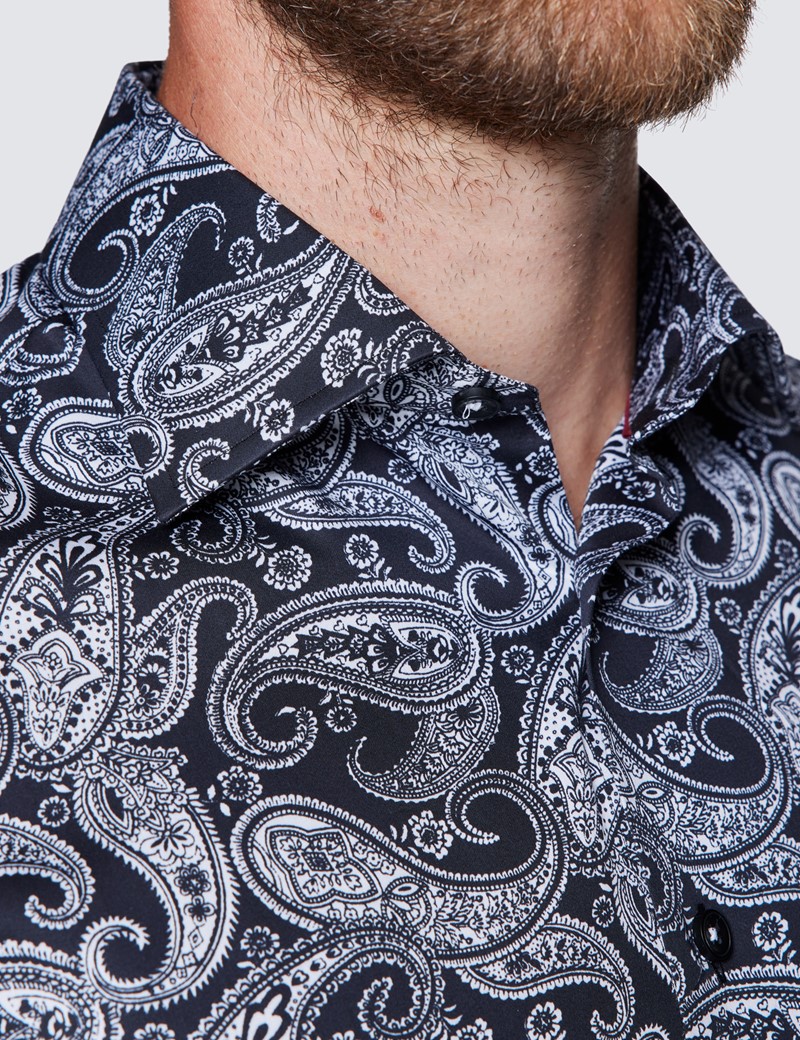 Men's Curtis White and Black Paisley Print Shirt - Low Collar
