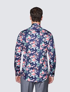 Men’s Curtis Navy and Pink Leaf Print Cotton Shirt - Low Collar