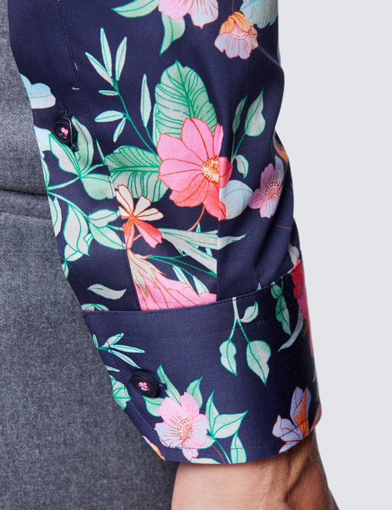 Men’s Curtis Navy and Pink Leaf Print Cotton Shirt - Low Collar