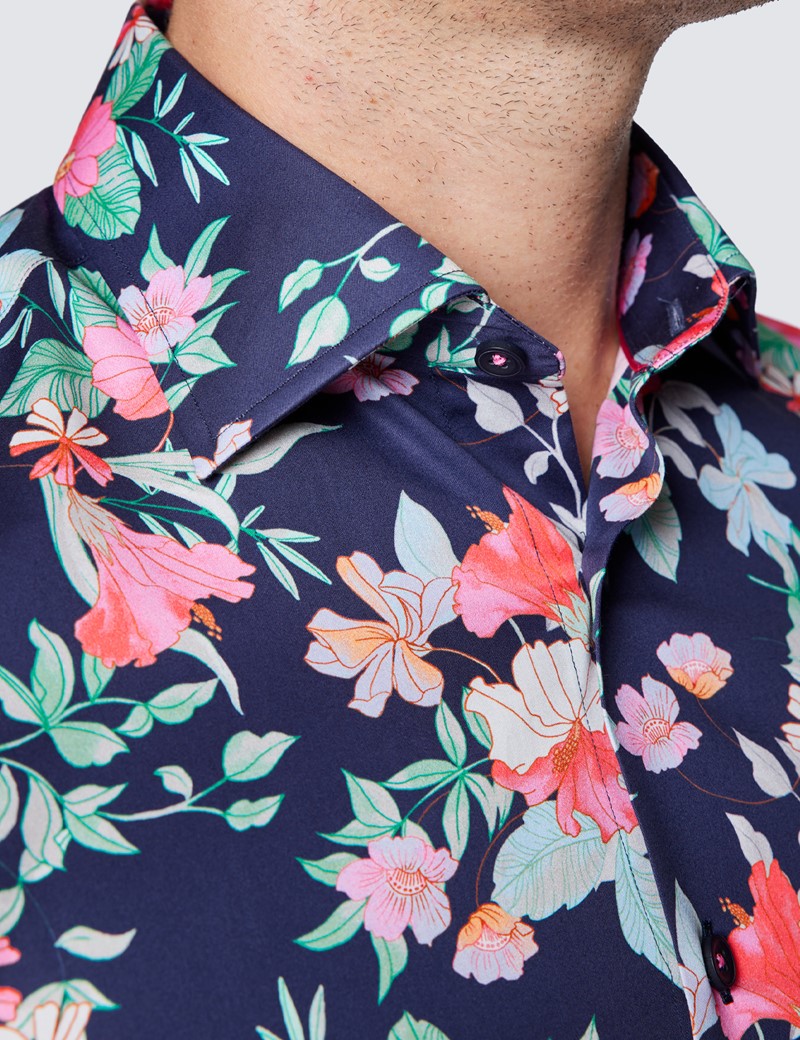 Men’s Curtis Navy and Pink Leaf Print Cotton Shirt - Low Collar