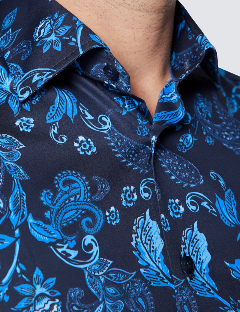 Men’s Curtis Navy and Blue Paisley Print Cotton Shirt - Low Collar