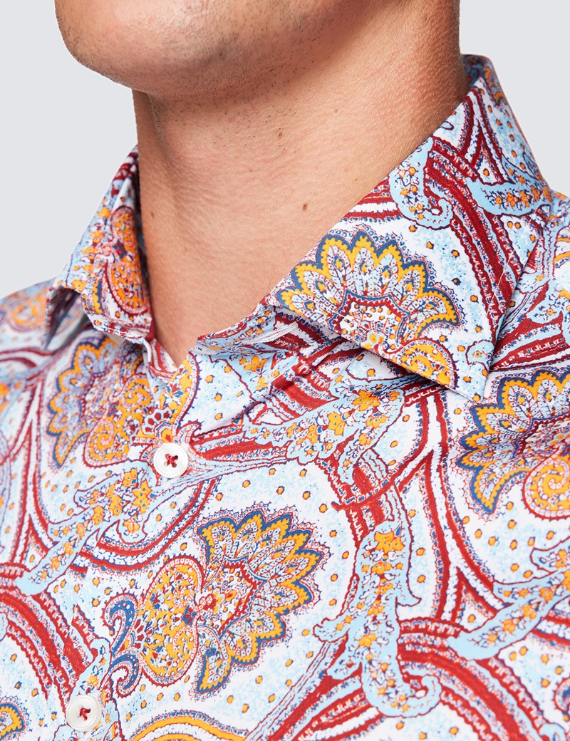 Men’s Curtis Red and Orange Paisley Print Cotton Shirt - Low Collar