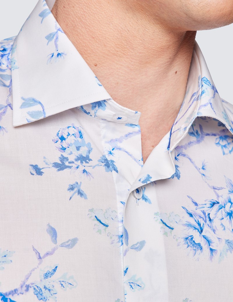 Men's Curtis White & Blue Floral Print Cotton Stretch Shirt - Low Collar