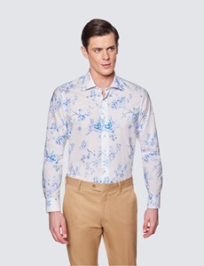 Men's Curtis White & Blue Floral Print Cotton Stretch Shirt - Low Collar