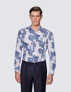 Men’s Curtis White & Blue Paisley Print Cotton Stretch Relaxed Slim Fit Shirt - Low Collar