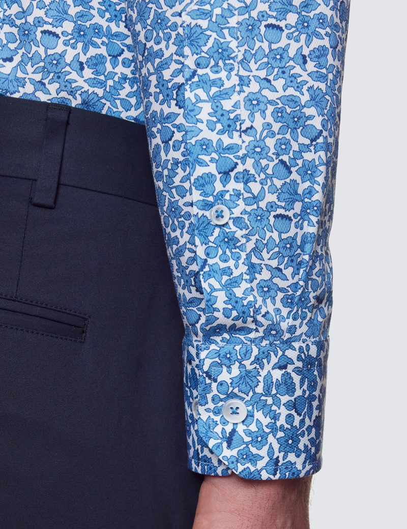 Curtis White & Blue Floral Print Cotton Stretch Shirt - Low Collar