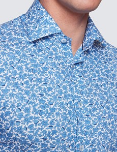 Curtis White & Blue Floral Print Cotton Stretch Shirt - Low Collar