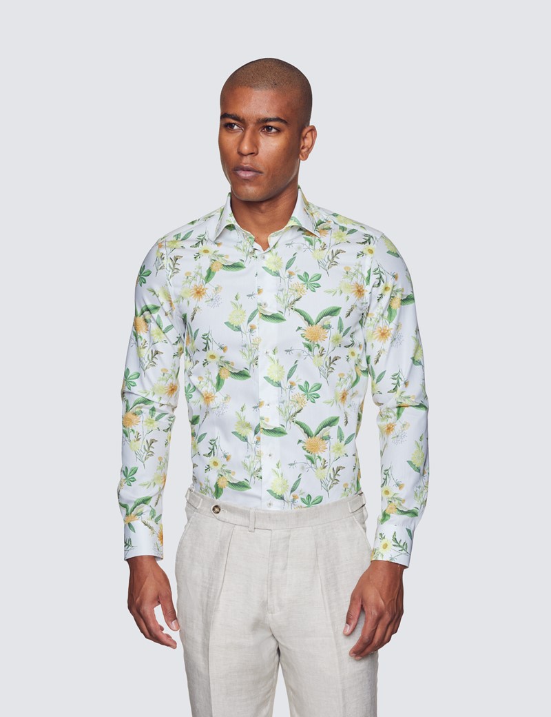 Curtis White & Green Floral Print Cotton Stretch Shirt - Low Collar